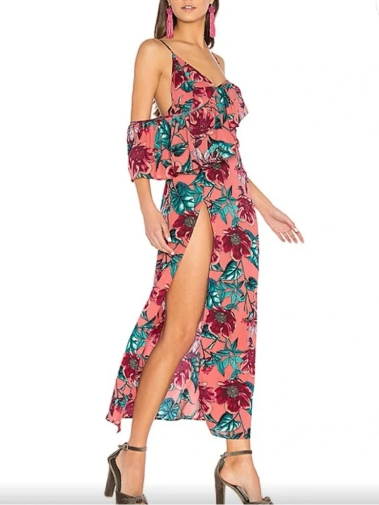 For Love & Lemons Pink & Teal Floral Ruched Maxi Dress- S